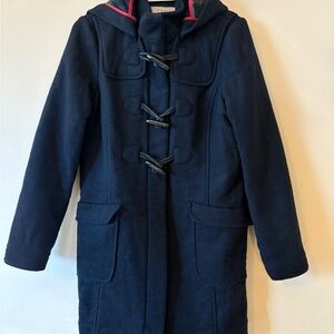 Kew Wool Blend Toggle Coat with Hood – Navy Blue Plaid Lining (Size M)